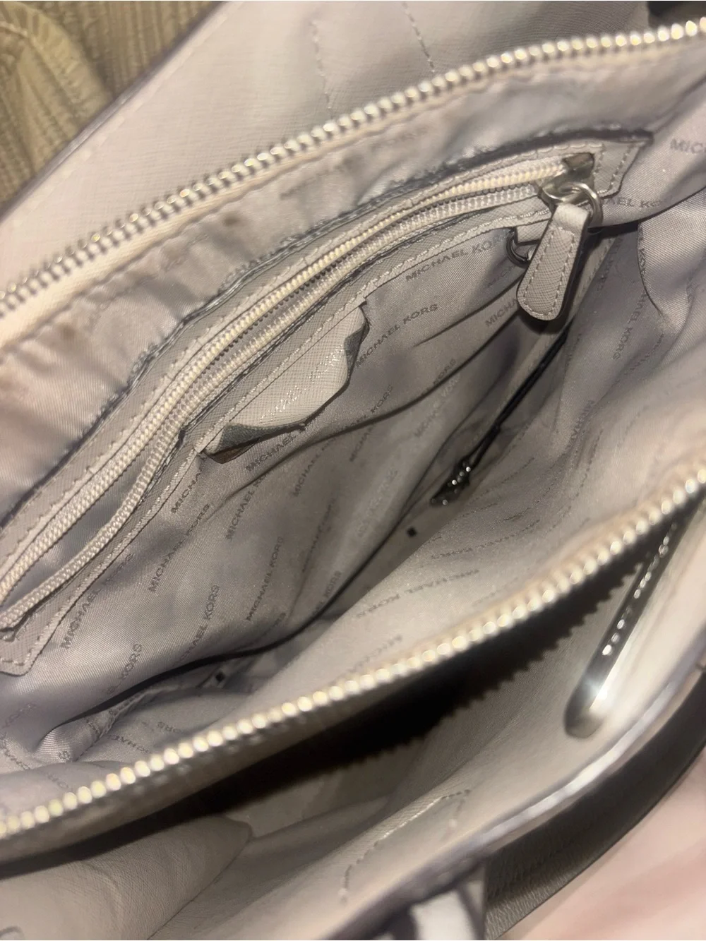 Michael Kors light gray leather satchel with removable strap